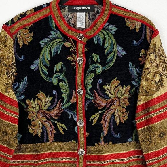 Vintage Womans Tapestry Jacket Button Down Bohemian Indie Floral Stripes - Picture 4 of 8